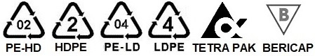Принимаем крышечки с маркировками 02 (PE-HD), 2 (HDPE), 04 (PE-LD), 4 (LDPE), TETRA PAK, BERICAP